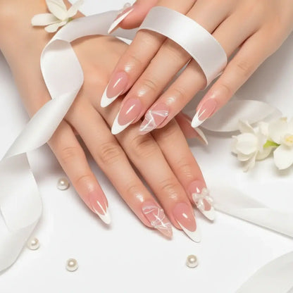 White French Almond Press on Nails with 3D Bowknot Design – 24PCS