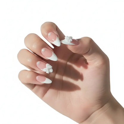 White French Almond Press on Nails with 3D Bowknot Design – 24PCS