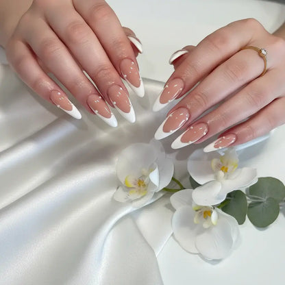 White French Almond Press on Nails with 3D Bowknot Design – 24PCS