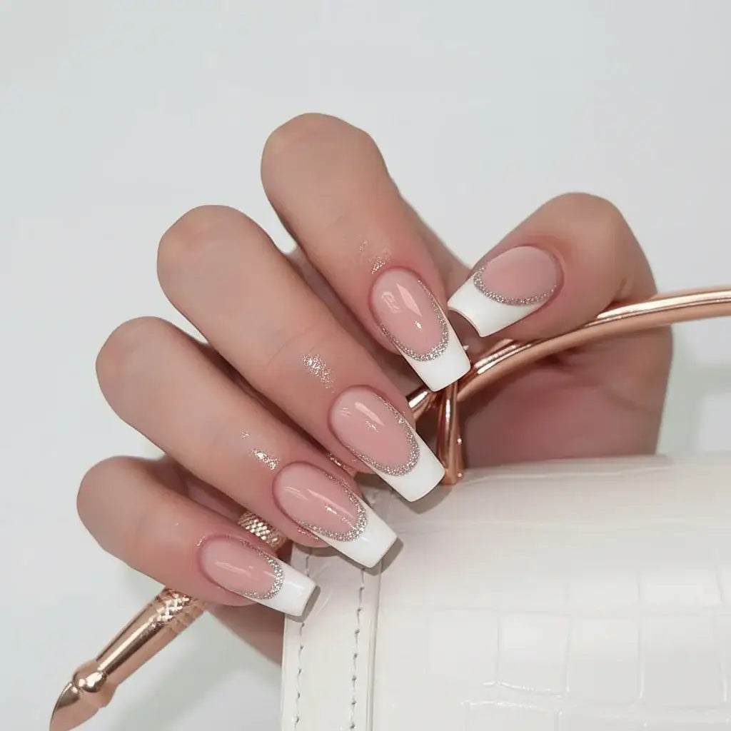 White French Almond Press on Nails with 3D Bowknot Design – 24PCS