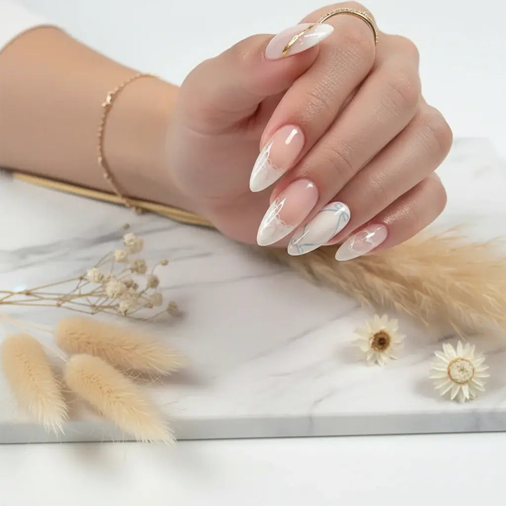 White French Almond Press on Nails with 3D Bowknot Design – 24PCS